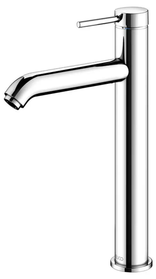 Hoher chromfarbener Wasserhahn von Keuco mit schmalem Auslauf und seitlichem Hebel zur Wassermischung, geeignet für Waschbeckenmontage.